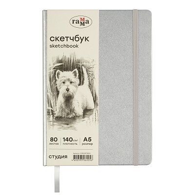 Скетчбук 80л., А5 Гамма «Студия», серебро, твердая обложка, на резинке, слоновая кость, 140г/м2