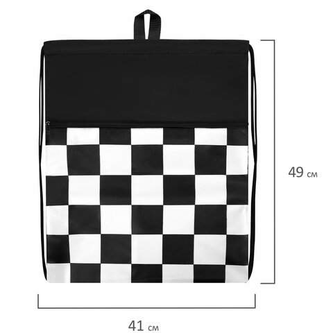 Мешок для обуви BRAUBERG БОЛЬШОЙ, с ручкой, карман на молнии, сетка, 49×41 см, «Black and white»
