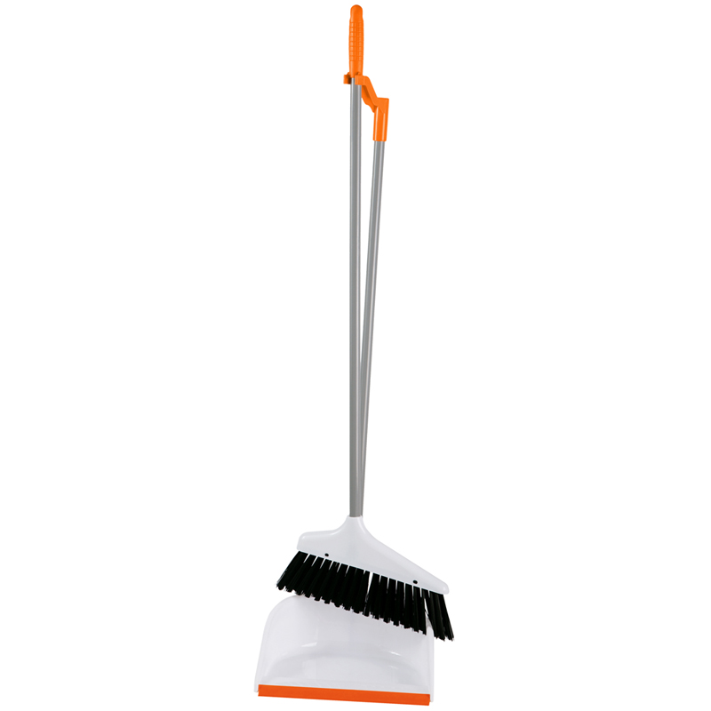 Совок для мусора OfficeClean Professional со щеткой-сметкой, метал. ручка 71.5см, пластик, рез. кромка, бело-оранжевый