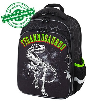 Ранец BRAUBERG QUADRO, 3 отделения, с брелком, «Tyrannosaur», светящийся рисунок, 37×28х18 см