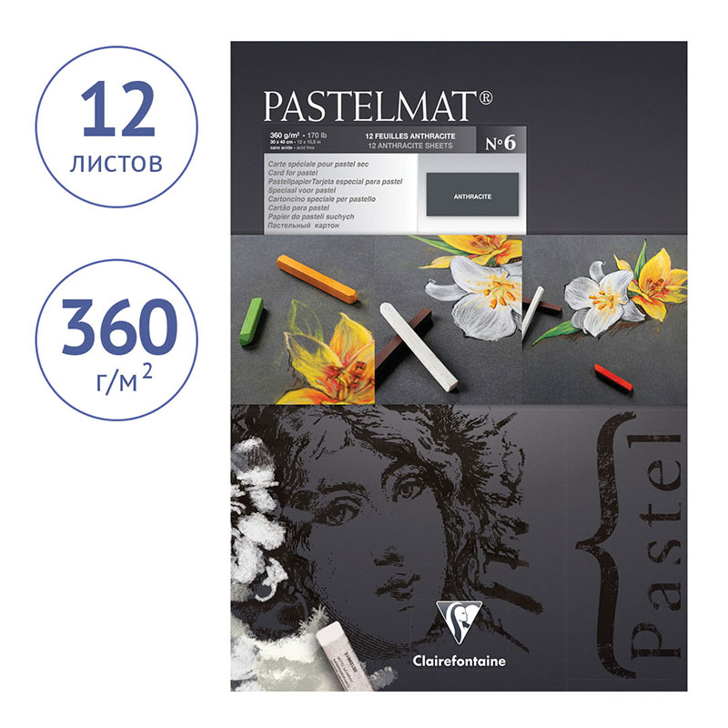 Альбом для пастели 12л. 300×400мм на склейке Clairefontaine «Pastelmat», 360г/м2, бархат, антрацит