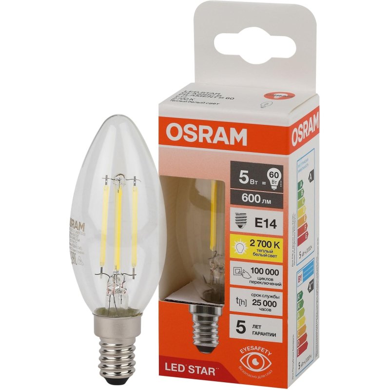 Лампа светодиодная OSRAM LSCLB60 5W/827 230VFILCL E14 FS1