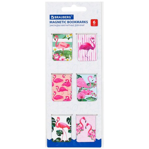 превью Закладки для книг МАГНИТНЫЕ, «FLAMINGO», набор 6 шт., 35×25 мм, BRAUBERG
