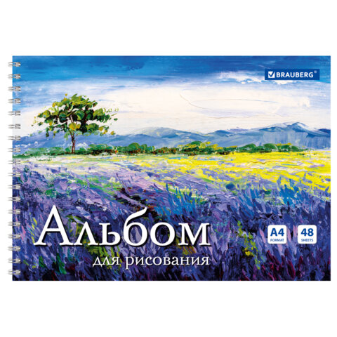 Альбом для рисования, А4, 48 л., гребень, обложка картон, BRAUBERG, 205×290 мм, «Летний пейзаж» (2 вида)