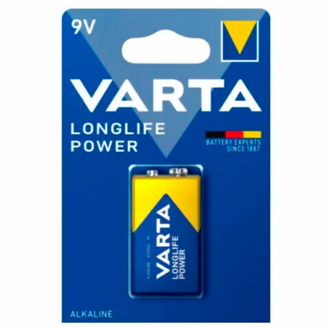 превью Батарейка алкалиновая 1 шт., VARTA LONGLIFE POWER, Крона 9V (6LR61, 6LF22, 1604A)