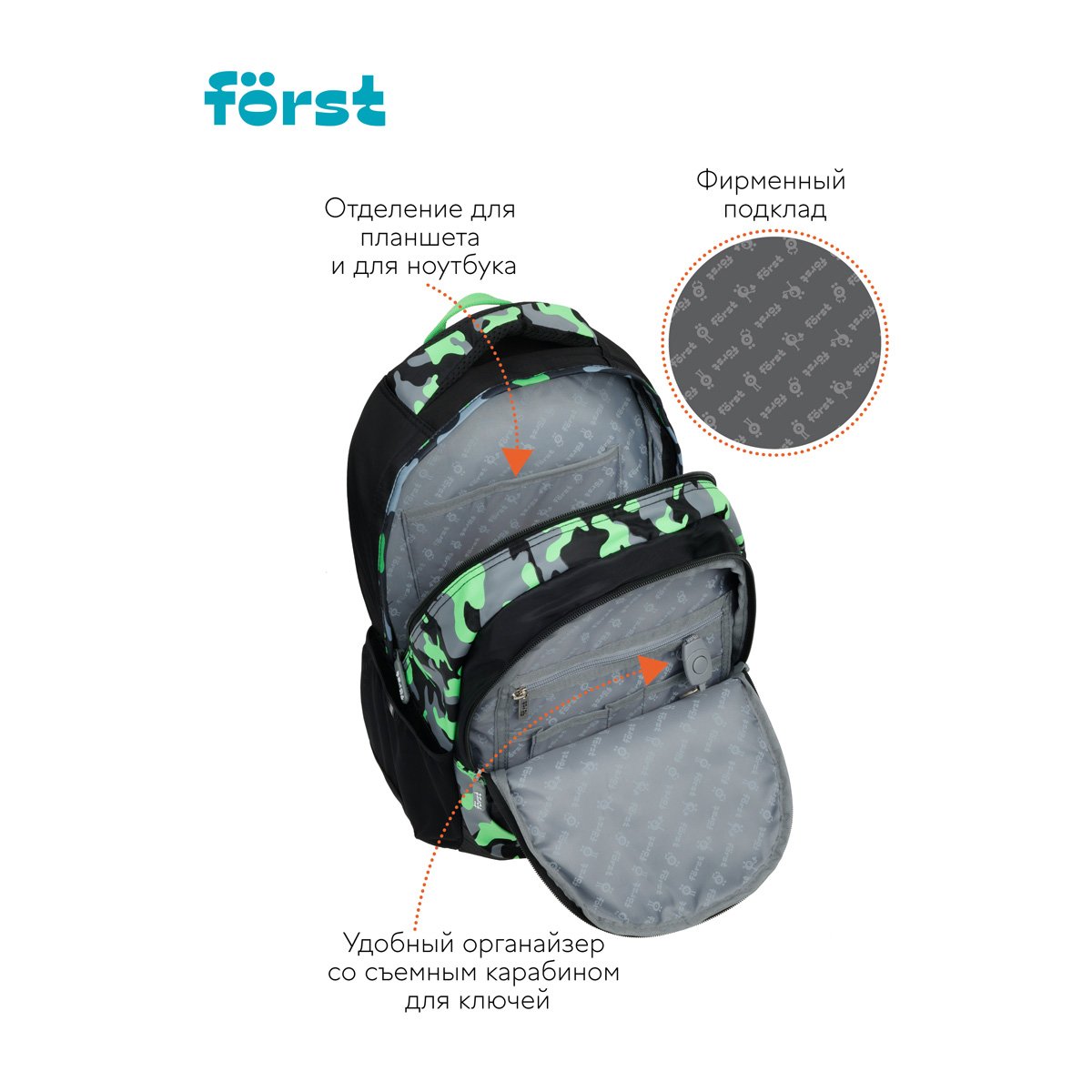 Рюкзак Först F-Trend «Neon military» 40×29×18 см, 2 отделения, 3 кармана, эргономичная спинка