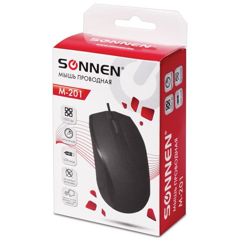 Мышь проводная SONNEN М-201, USB, 1000 dpi, 2 кнопки + колесо-кнопка, оптическая, черная