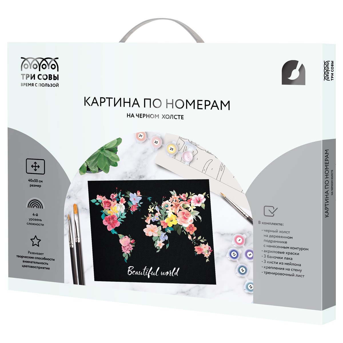 Картина по номерам на черном холсте ТРИ СОВЫ «Мир цветов», 40×50, c акриловыми красками и кистями