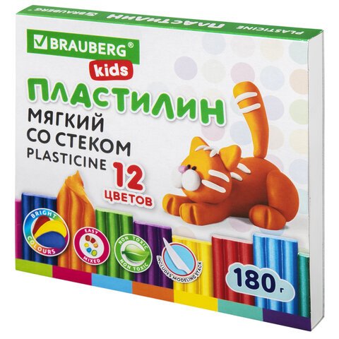 превью Пластилин мягкий восковой BRAUBERG KIDS, 12 цветов, 180 г, со стеком