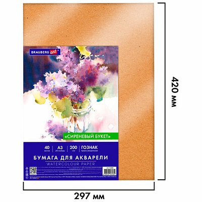Бумага для акварели А3 40 л., 200 г/м2 ГОЗНАК СПб, в коробке, BRAUBERG ART CLASSIC, «СИРЕНЕВЫЙ БУКЕТ»