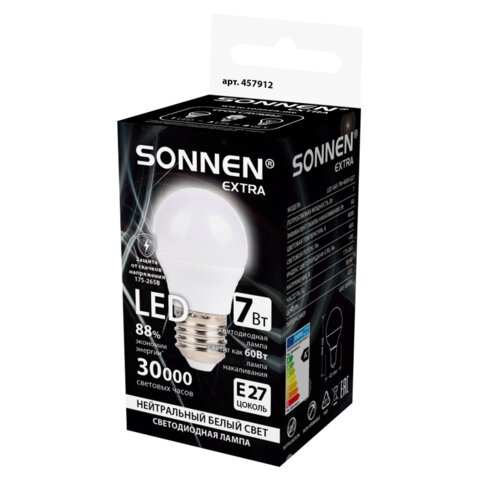 Лампа светодиодная SONNEN EXTRA, 7 (60) Вт, E27, шар, нейтральный белый, 30000 ч, LED G45-7W-4000-Е27