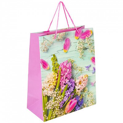 Пакет подарочный 26.5×12.7×33 см ЗОЛОТАЯ СКАЗКА «Spring Flowers», глиттер, розовый с голубым