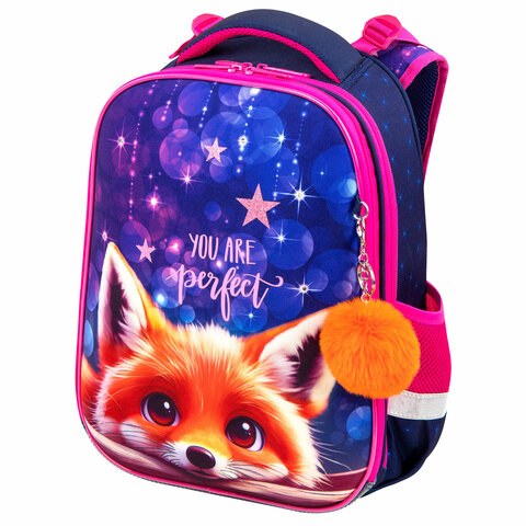 Ранец BRAUBERG PREMIUM, 2 отделения, с брелоком, «Cute fox», LED-ЛАМПОЧКИ, 38×29х16 см