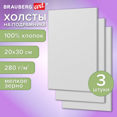 Холсты на подрамнике, набор 3 штуки, BRAUBERG ART BASIC, 20×30 см, 280 г/м2, хлопок, грунт