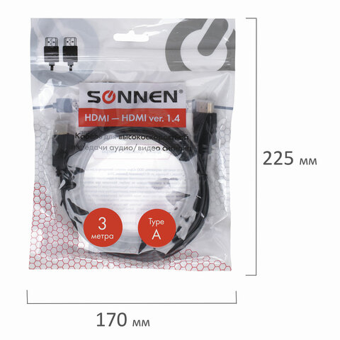 Кабель HDMI AM-AM, 3 м, SONNEN, для передачи цифрового аудио-видео, черный