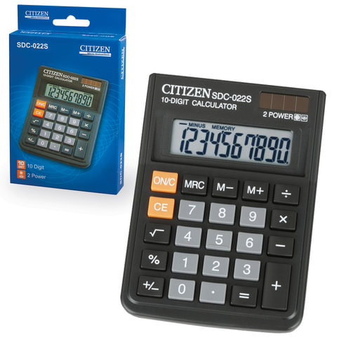 Калькулятор настольный CITIZEN SDC-022S, КОМПАКТНЫЙ (120×87 мм), 10 разрядов, двойное питание