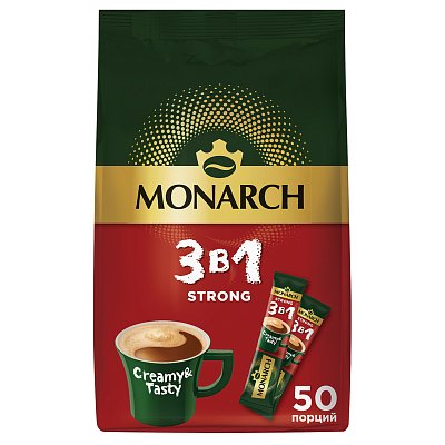 Кофе растворимый Monarch «Strong», 3в1, порошкообразный, порционный, 50 пакетиков*13.5г, мягкая упаковка