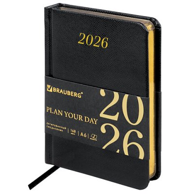 Ежедневник датированный 2026, МАЛЫЙ ФОРМАТ 100×150 мм, А6, BRAUBERG «Iguana», под кожу, черный