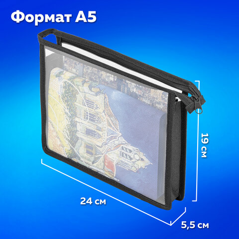 Папка для тетрадей ПИФАГОР А5, пластик, молния сверху, прозрачная, черный