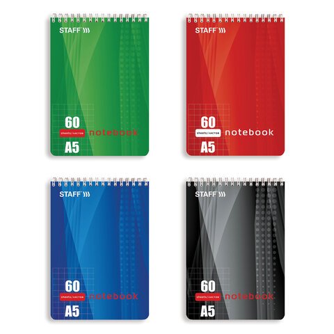 превью Блокнот А5, 60 л., гребень, жесткая подложка, клетка, STAFF, 4 вида, 146×206 мм