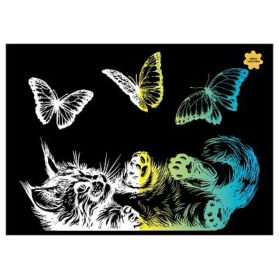 Гравюра с голографическим эффектом ТРИ СОВЫ «Кошка и бабочки», А4