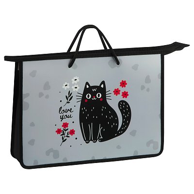 Папка с ручками А4 ArtSpace «Black Cat with Flowers», пластик, на молнии, 75мм
