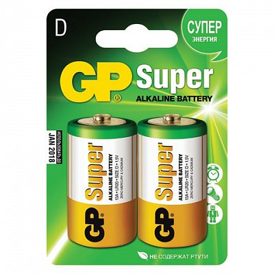 Батарейки GP Super D/373/LR20, 1.5В, алкалиновые, 2 шт. в блистере