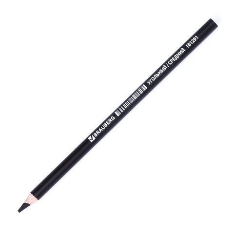 Карандаш угольный BRAUBERG ART CLASSIC, 1 шт., средний, круглый, корпус черный, заточенный