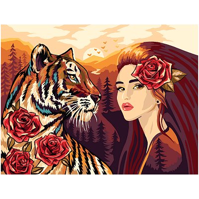 Картина по номерам на картоне ТРИ СОВЫ «Девушка с тигром», 30×40, с акриловыми красками и кистями