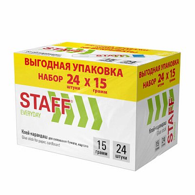 Клей-карандаш 15 г, ВЫГОДНАЯ УПАКОВКА, КОМПЛЕКТ 24 ШТУКИ, STAFF EVERYDAY