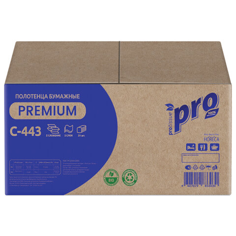 Полотенца бумажные 190 шт., PROtissue (H2) PREMIUM, 2-слойные, белые, КОМПЛЕКТ 21 пачка, 24×21.5 см, Z-сложение
