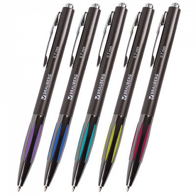 Ручка шариковая BRAUBERG автоматическая, RBP042, корпус , хромированные детали, 0.7 мм, резиновый держатель, синяя