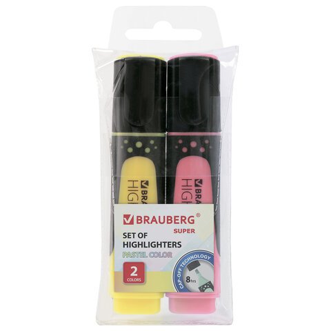 превью Набор текстовыделителей BRAUBERG 2 шт., ВАНИЛЬ/ПАСТЕЛЬНЫЙ РОЗОВЫЙ, «SUPER PASTEL», линия 1-5 мм