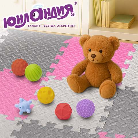 Коврик-пазл напольный 1.2×1.2 м, 16 шт., 30×30 см, толщина 1 см, серый, розовый, светло-серый, ЮНЛАНДИЯ