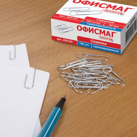 Скрепки ОФИСМАГ, 33 мм, никелированные, 100 шт., в картонной коробке