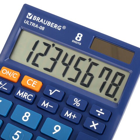 Калькулятор настольный BRAUBERG ULTRA-08-BU, КОМПАКТНЫЙ (154×115 мм), 8 разрядов, двойное питание, СИНИЙ