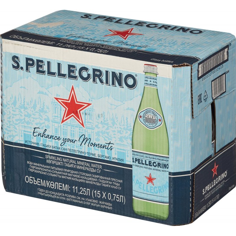Вода минеральная S. Pellegrino газированная 0.75 л (15 штук в упаковке)