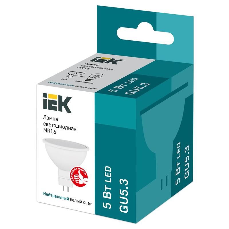 превью Лампа светодиодная IEK ECO А 5Вт GU5.3 4000К 450Лм 230В LLE-MR16-5-230-40-GU5