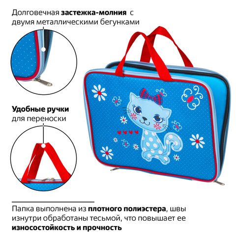 Папка на молнии с ручками BRAUBERG, А4, ткань, с подкладкой, сублимация, для девочек, «Китти»