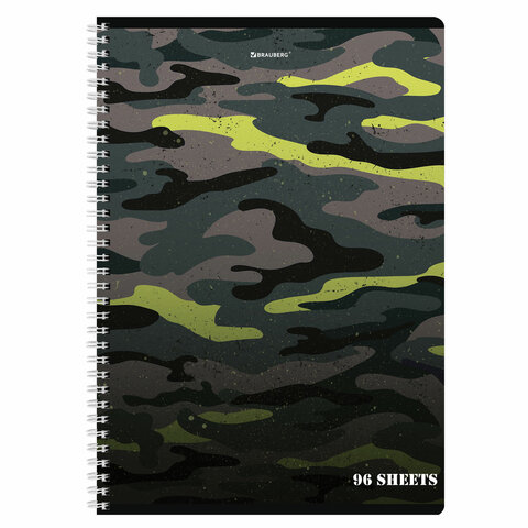 Тетрадь А4, 96 л., BRAUBERG, гребень, клетка, обложка картон, «Military»