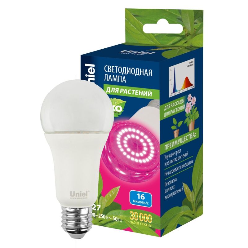 превью Фитолампа Uniel LED-A60-15W/SPSB/E27/CL PLP30WH форма A, прозрачная