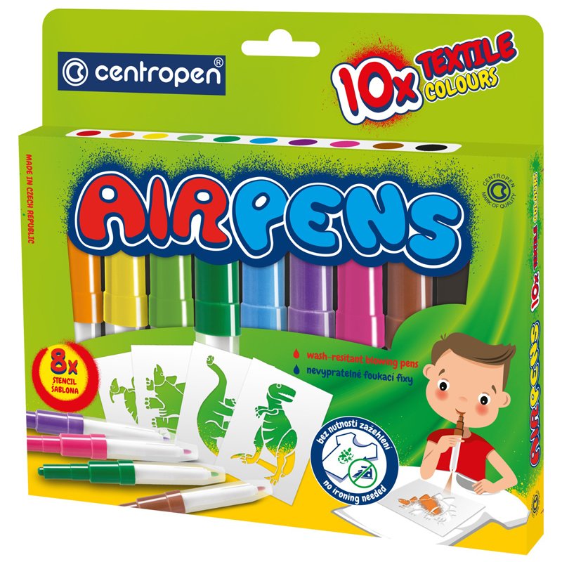 превью Фломастеры воздушные Centropen «AirPens Textile», 10цв. +8 трафаретов, картон. упаковка, европодвес
