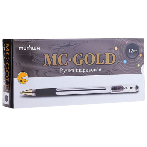 Ручка шариковая масляная с грипом MUNHWA «MC Gold», ЧЕРНАЯ, корпус прозрачный, узел 0.5 мм, линия письма 0.3 мм