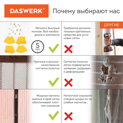 Москитная сетка дверная на магнитах 100×210 см, антимоскитная, коричневая, DASWERK