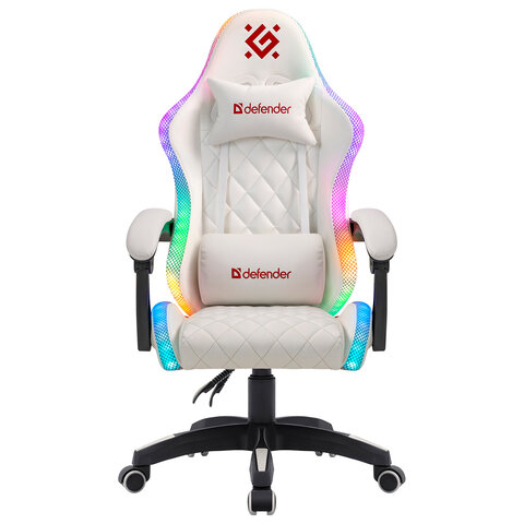 Кресло компьютерное DEFENDER Energy, 2 подушки, RGB подсветка, экокожа, белое, ш/к 24605