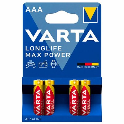 Батарейки алкалиновые «мизинчиковые» КОМПЛЕКТ 4 шт., VARTA LONGLIFE MAX POWER, ААА (LR03.15А), блистер