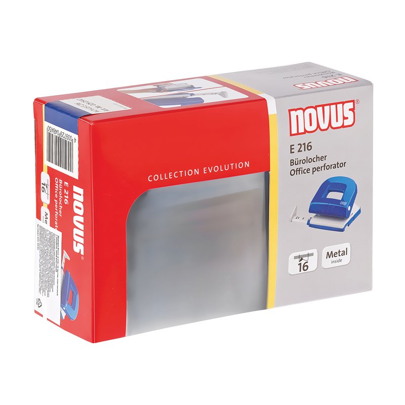 Дырокол Novus «E 216» 16л., пластиковый, с линейкой, черный блестящий