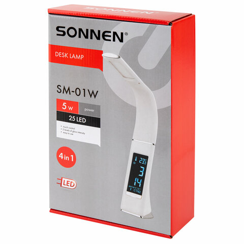 Настольная лампа-светильник SONNEN SM-01W на подставке, LCD-экран, СВЕТОДИОДНАЯ, 5 Вт, белый