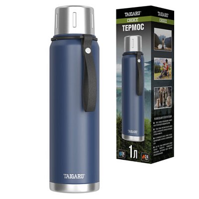 Термос 1 л TAIGARU (ТАЙГАРУ) CHOICE, нержавеющая сталь SUS316, крышка/кружка, ремешок, синий матовый