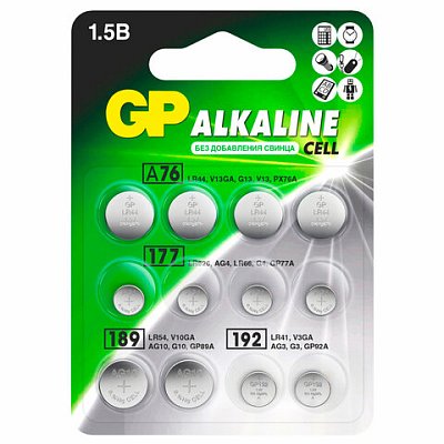 Батарейки НАБОР 12 шт. (А76 – 4 шт., 177 – 4 шт., 189 – 2 шт., 192 – 2 шт. ), GP Alkaline, блистер